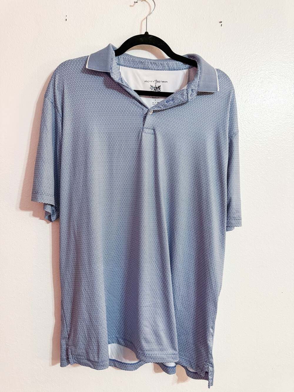 Hickey Freeman Blue Geometric Print Short Sleeve Performance Golf Polo Shirt L